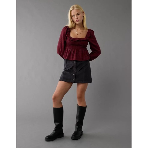 American Eagle Outfitters Tops - New American Eagle Long-Sleeve Smocked Ruffle Plaid Top Red Gingham Women Small